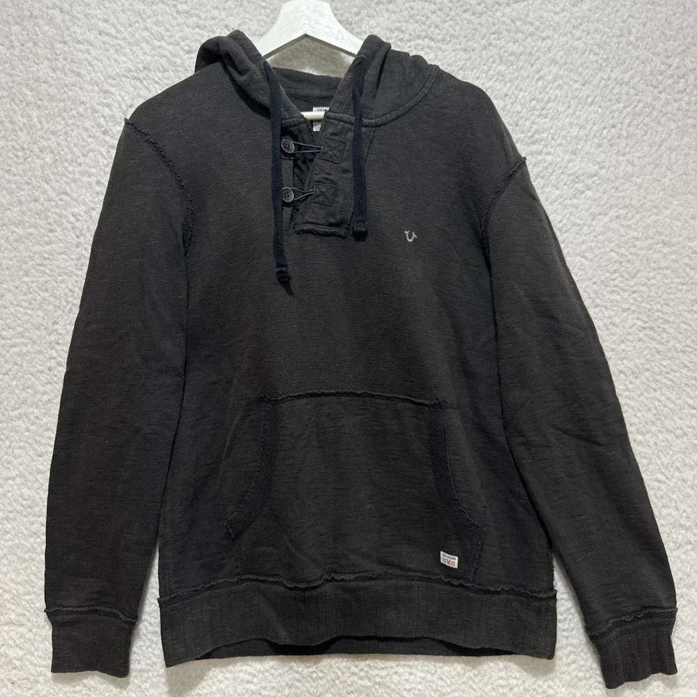 True Religion Slub Fleece‎ Pullover Hoodie Size M Button Placket Collar Raw Edge